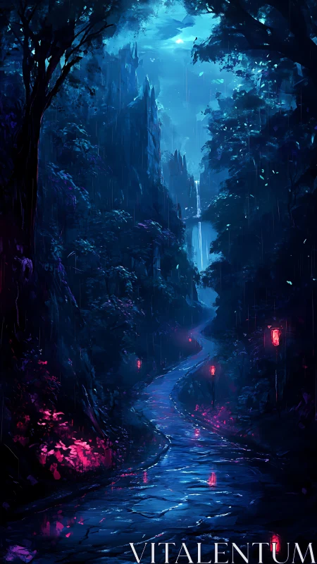 Rain-soaked forest path under blue light and lanterns.