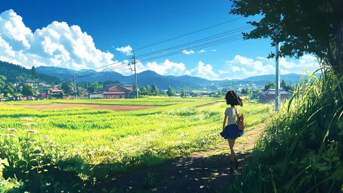 Summer rural path with schoolgirl overlooking rice fields