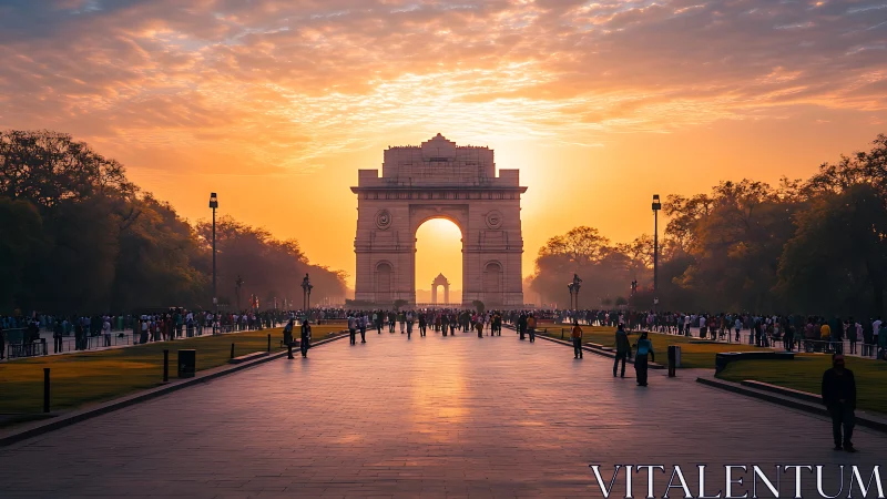 Sunlit axial perspective of India Gate under radiant sky.