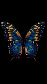 Macro dorsal study of blue swallowtail butterfly on black