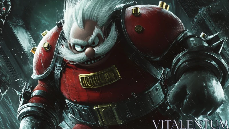 Armored white-haired villain in red power suit in rain.