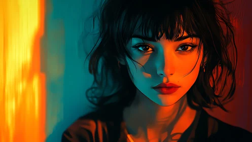 Portrait of woman in dual-tone cyan and orange light.
