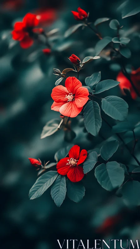 Red Flowers with Selective Focus on Dark Green Foliage Background.