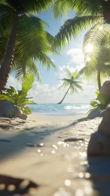 Tropical Beach with Framing Palm Trees and Coastal Waters.