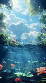 Sunlit forest pond split view with lotus and clouds.