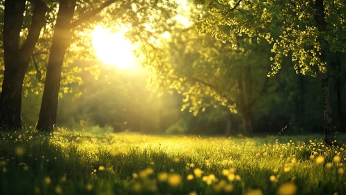 Sunlit Forest Meadow with Wildflowers in Soft Golden Light.