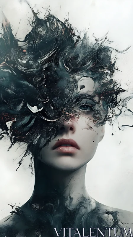 Surreal female portrait with abstract dark swirling mask