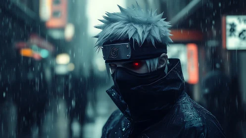 Rain-soaked cyber shinobi with glowing crimson gaze stalks night.