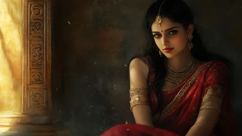 Elegant Indian Woman in Red Saree by Sunlit Pillar, Digital Art.