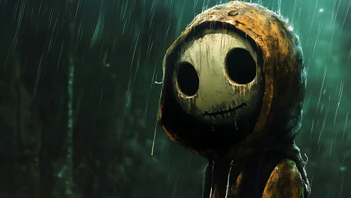 Hooded figure with blank mask stands in heavy forest rain