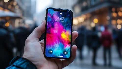 Hand holds smartphone in sharp focus against blurred street