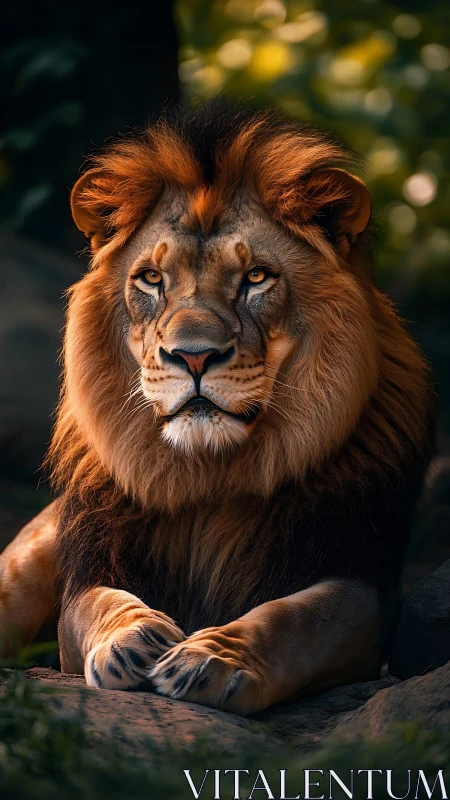 Male lion resting on rock in warm natural daylight setting.