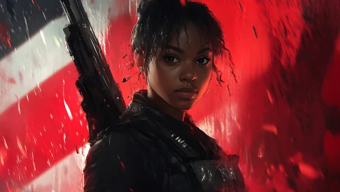 Female soldier portrait before red and white abstract field.