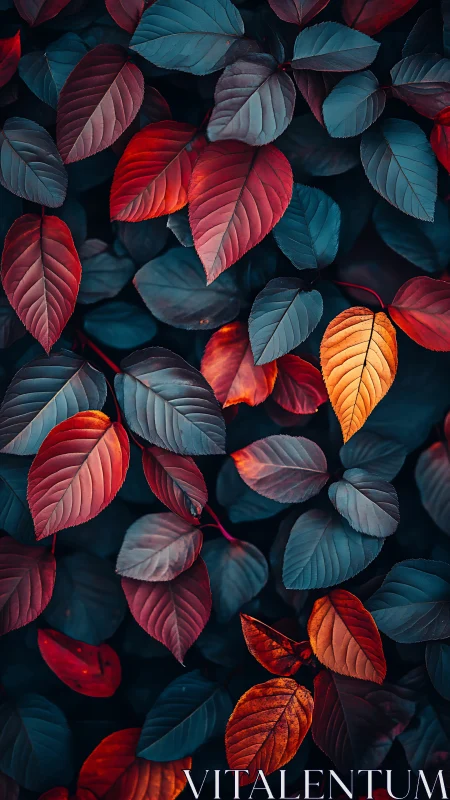 Colorful foliage pattern with red, blue and orange leaves.