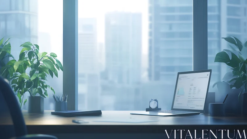 Modern Office Workspace Overlooking City Skyline at Dawn