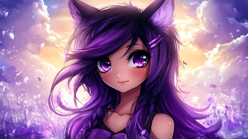 Purple haired anime cat girl in glowing sunset field.