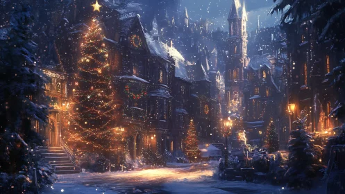 Cozy snowlit village street glowing with festive warmth.