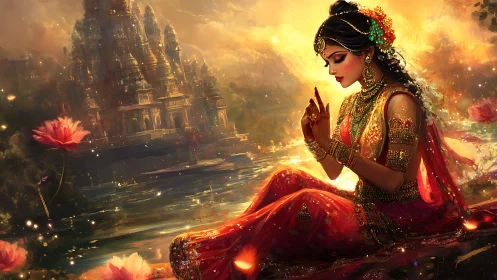 Golden twilight blessing surrounds a serene temple prayer