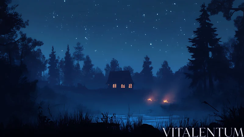Moonlit forest cabin with campfires beside misty lakeshore