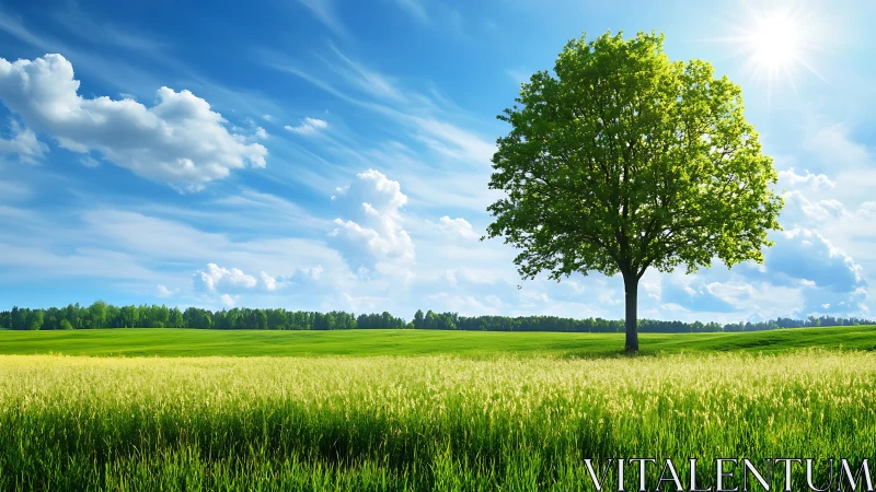 Solitary deciduous tree in sunlit meadow under cirrus sky