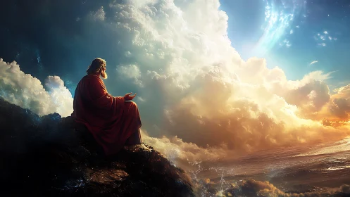 Figure in red robe sits on rocky ledge before dense clouds