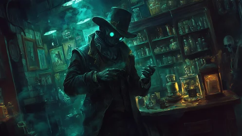 Gaslit alchemist in neon-eyed mask studies vial in occult lab