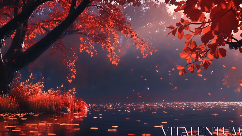 Autumnal lakeside canopy renders volumetric light and reflective water