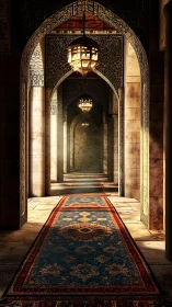 Sunlit Islamic arcade with ornate carpets and lanterns.