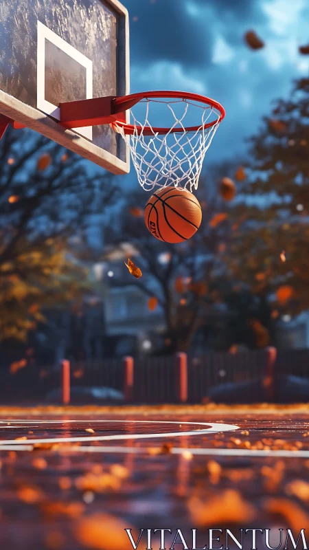 Autumn street court hoop captures lone spinning basketball.