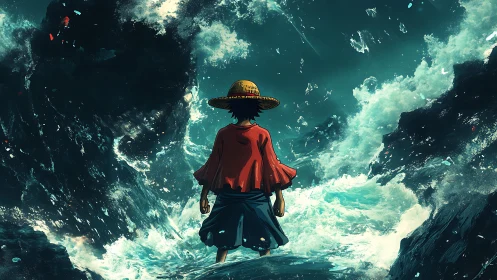 Figure in straw hat stands before turbulent ocean passage
