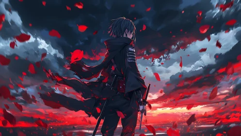 Stormlit swordsman amid crimson petals at burning horizon.