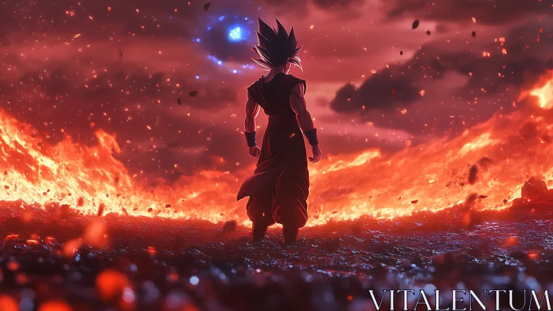 Lone anime warrior confronts blazing inferno under crimson sky