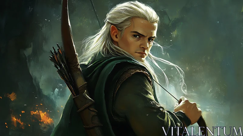 Elf archer turns in forest battlefield with drawn bow