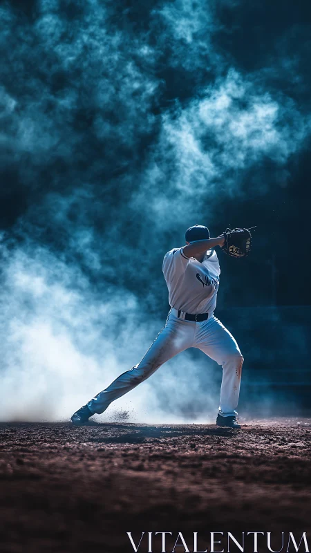 Baseball pitcher in dynamic windup framed by cinematic smoke