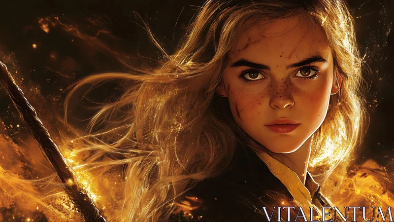 Firelit warrior girl stares ahead amid swirling embers.