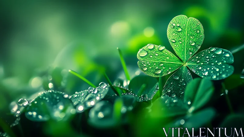 Single clover leaf holds fresh morning dew in soft green bokeh