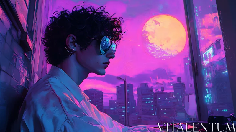 Neon city dreamer watches synthetic sunset in silence.