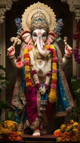 Regal Ganesha idol draped in jeweled silks and marigolds.