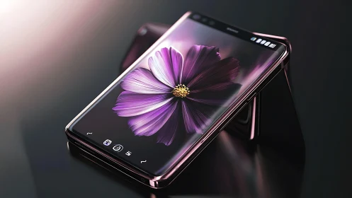 Foldable Cosmos: Purple Cosmos Blossom on Sleek Mobile Display.