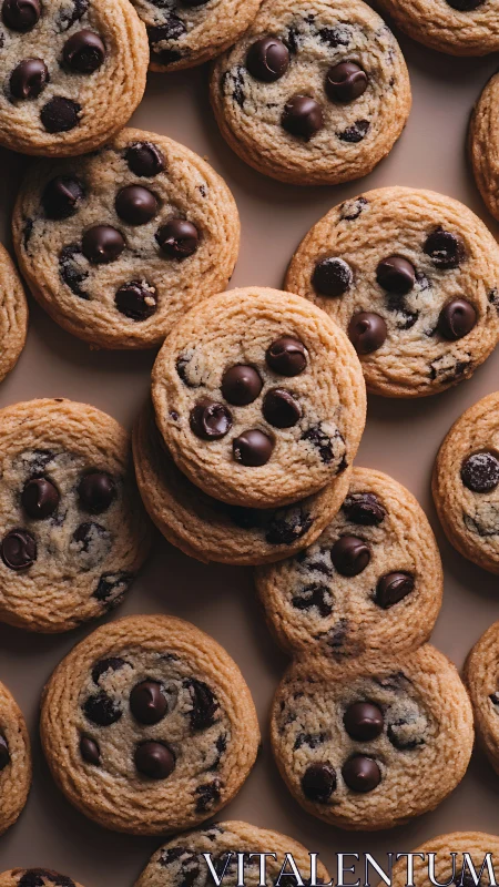 Chocolate chip cookies arranged in precise overlapping grid.