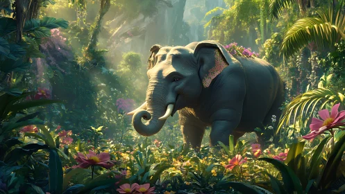 Gentle jungle elephant wandering through sunlit flowers.