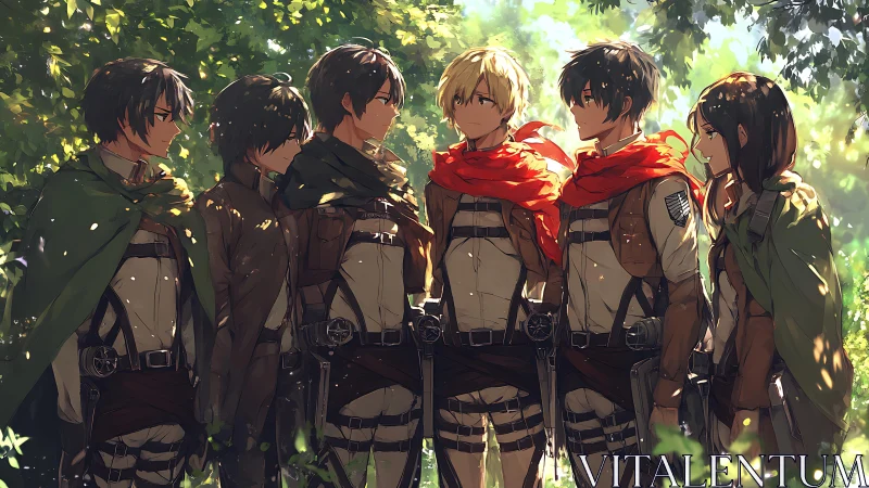 Brave anime squad shares a quiet moment in sunlit forest