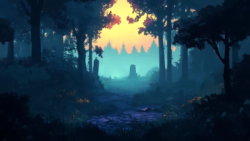 Mystical Forest Clearing at Dusk with Luminous Sky