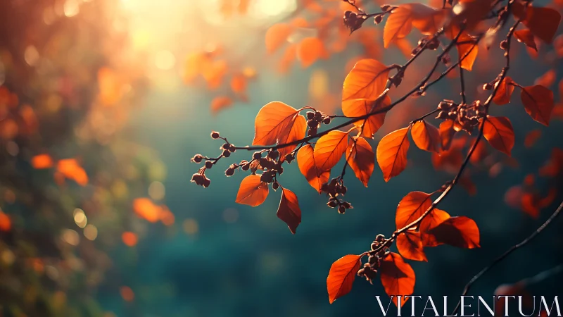 Vibrant autumn leaves on branch in soft golden morning light.