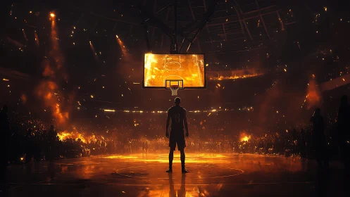 Silhouetted basketball player under molten arena lights.