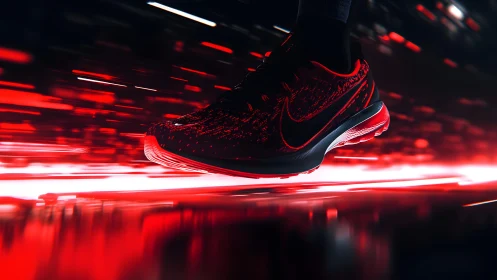 Dynamic running shoe in motion with futuristic neon lighting.