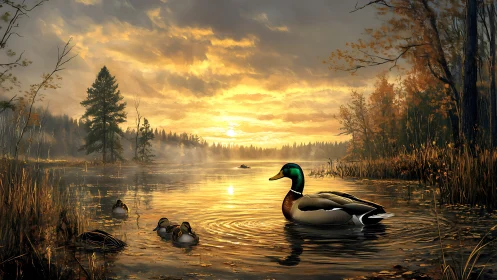 Mallard ducks occupy a reflective lake at autumn sunrise