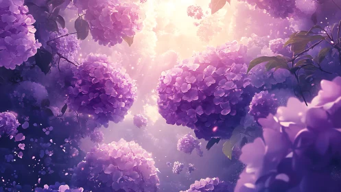 Purple hydrangea florals in atmospheric light.