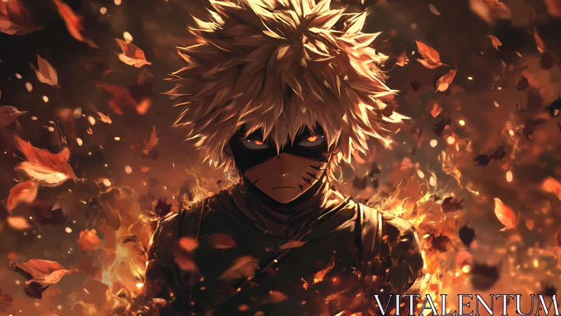 Masked warrior stands amid swirling embers and autumn leaves