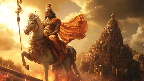 Warrior on armored white horse passes temple in golden light